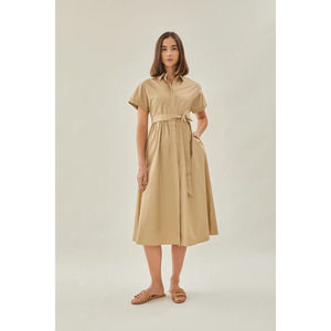 Midi Shirt Dress Button Up Dolman Short Sleeve Collared with Sash Camel S